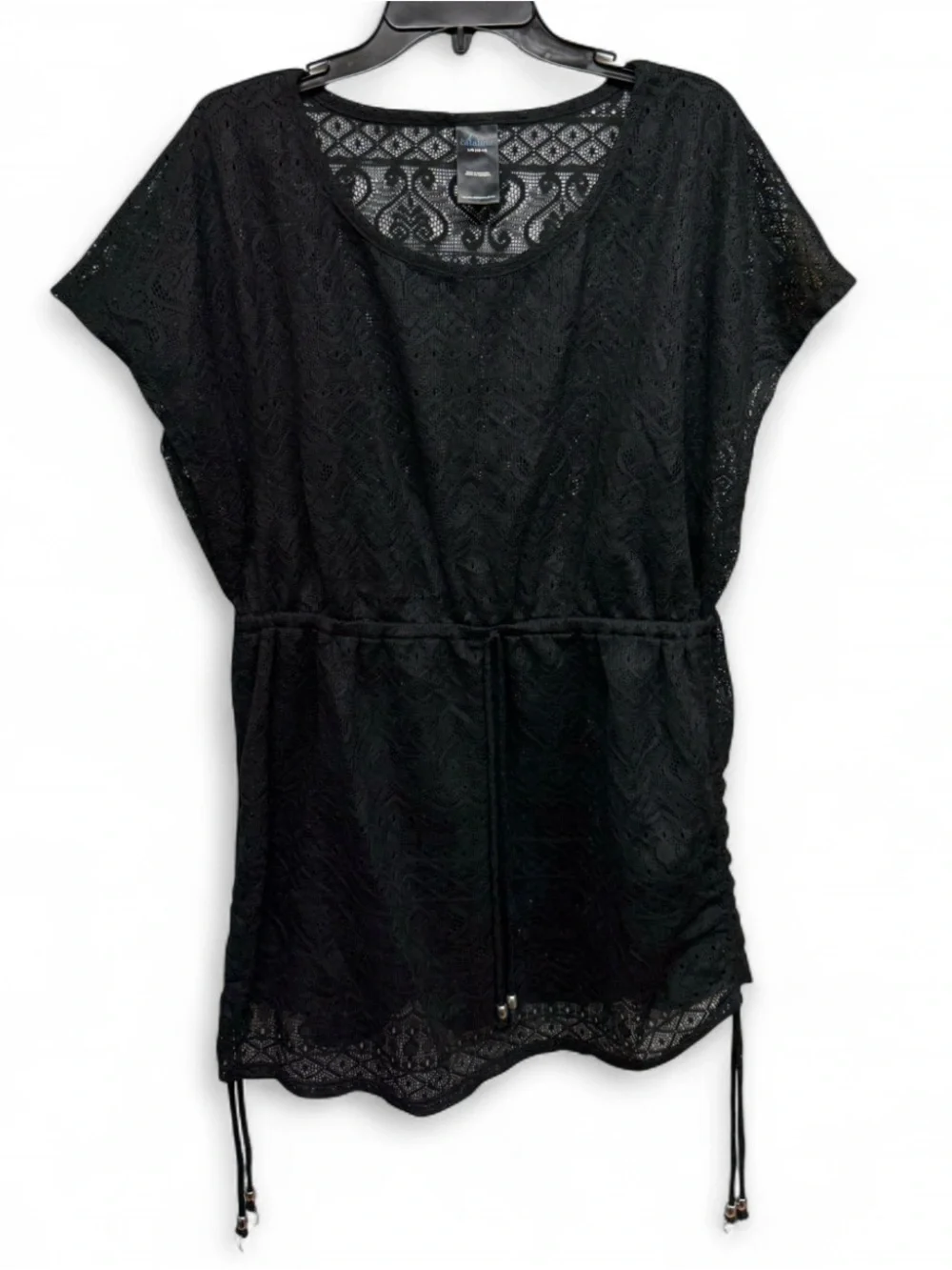 Catalina Black Lace Swim Cover-Up Tunic Dress Size L 12-14 Drawstring Waist - Picture 1 of 5